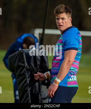 7th February 2023: Guinness Six Nations 2023. ScotlandÕs Huw Jones during the Scotland Rugby squad training session, Oriam, Riccarton, Edinburgh. Credit: Ian Rutherford Alamy Live News Stock Photo