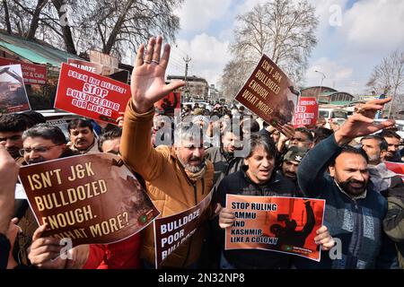 Srinagar, India. 07th Feb, 2023. (2/7/2023) Members of the Peoples Democratic Party (PDP) are seen shouting slogans during the protest against land eviction drives. (Photo by Mubashir Hassan/Pacific Press/Sipa USA) Credit: Sipa USA/Alamy Live News Stock Photo