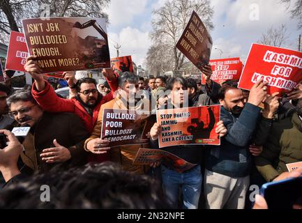 Srinagar, India. 07th Feb, 2023. (2/7/2023) Members of the Peoples Democratic Party (PDP) are seen shouting slogans during the protest against land eviction drives. (Photo by Mubashir Hassan/Pacific Press/Sipa USA) Credit: Sipa USA/Alamy Live News Stock Photo