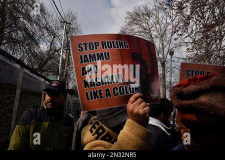 Srinagar, India. 07th Feb, 2023. (2/7/2023) Members of the Peoples Democratic Party (PDP) are seen shouting slogans during the protest against land eviction drives. (Photo by Mubashir Hassan/Pacific Press/Sipa USA) Credit: Sipa USA/Alamy Live News Stock Photo