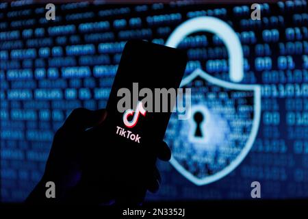 Vilnius, Lithuania - 2023 February 6: TikTok logo on mobile phone screen. TikTok security and data leak Stock Photo