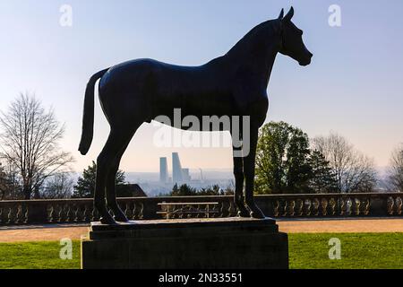 Wenkenhof in Riehen. Large horse statue and panoramic view of Basel and Alsace from Wenkenpark, Canton Basel-Stadt, Switzerland. Stock Photo