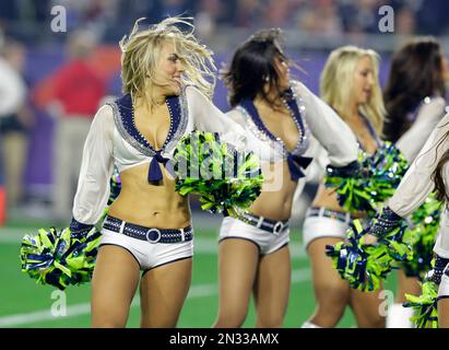 The Seattle Seahawks cheerleaders perform at Super Bowl XLVIII at MetLife  Stadium in East Rutherford, New Jersey on February 2, 2014. MetLife Stadium  hosts the NFL's first outdoor cold weather Super Bowl.