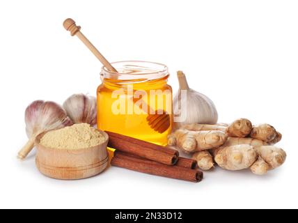Composition with different natural antibiotics on white background Stock Photo