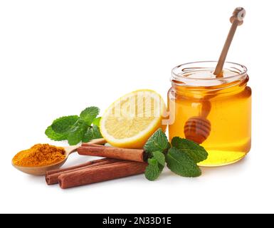 Composition with different natural antibiotics on white background Stock Photo