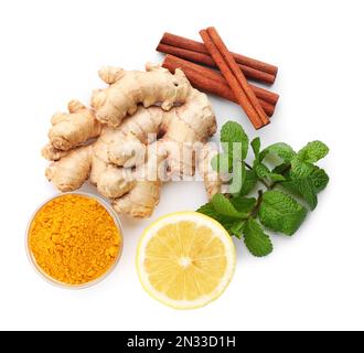 Composition with different natural antibiotics on white background, top view Stock Photo