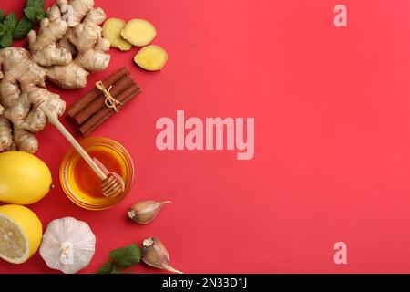Flat lay composition with different natural antibiotics on red background, space for text Stock Photo
