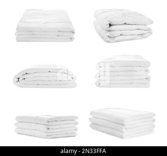 Set of folded blankets isolated on white Stock Photo