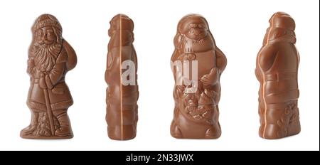 Chocolate Santa Claus figures on white background, views from different sides. Banner design Stock Photo