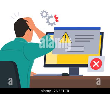 Man sitting at desk and using a computer, he receives an error message notification on a dialog box window Stock Vector