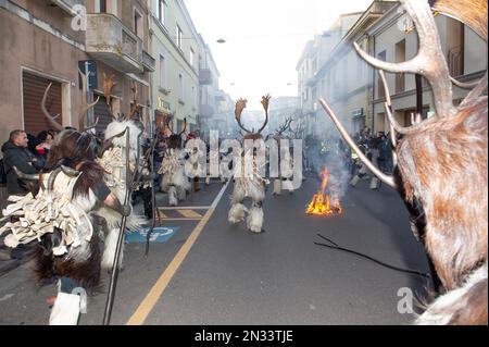 02-4-2023 - Italy, Sardinia, Sassari, Carnival in Macomer 'Carrasegare in Macomer' parade of traditional Sardinian masks Stock Photo