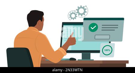 Man sitting at desk using a computer and giving a thumbs up, he receives a system notification: the software installation is complete Stock Vector