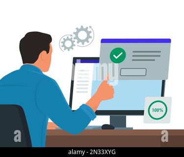 Man sitting at desk using a computer and giving a thumbs up, he receives a system notification: the software installation is complete Stock Vector