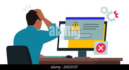 Man sitting at desk and using a computer, he receives an error message notification on a dialog box window Stock Vector