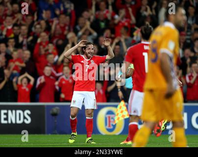 File photo dated 05-09-2016 of Joe Allen celebrating scoring against Moldova in 2016. Wales midfielder Joe Allen has announced his retirement from international football. Issue date: Tuesday February 7, 2023. Stock Photo