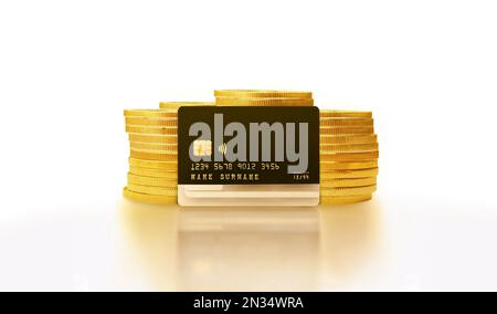 Credit card on stack of golden coins isolated on white background with reflection, isolated object, Business and financial concept. Stock Photo