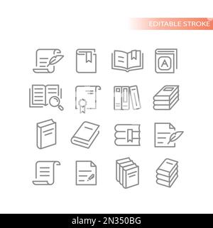 Book, open and textbook vector line icon set. Pile of books, document and paper outline icons. Stock Vector