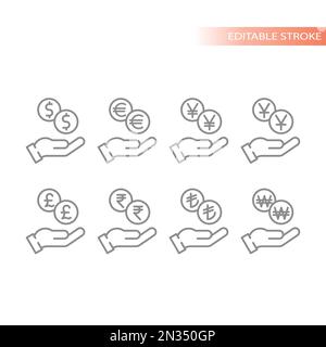 Human hand and money dropping coin line icon set. Savings and payment concept vector outline icons. World currencies, dollar, pound and euro symbols. Stock Vector