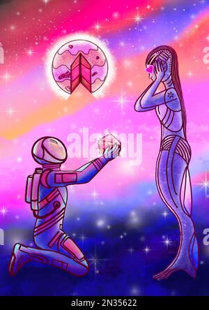 Astronaut in love visits her alien girlfriend in space and brings her a piece of her favorite cake from a distant planet, surreal style, pink, purple. Stock Photo