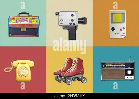 Retro things set from 1980s and 1990s. Collection of vintage collectibles on colorful background Stock Photo