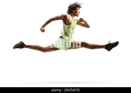 African american male jumpng and doing a split leap isolated on white background Stock Photo