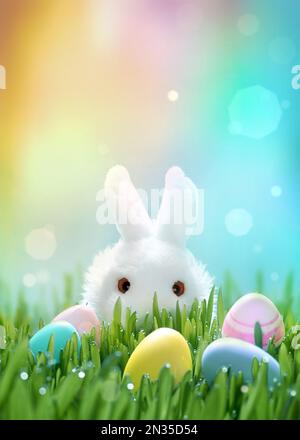 Fluffy easter white bunny hunts for colored Easter eggs on green grass Stock Photo