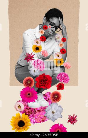 Collage photo poster postcard of stressed depressed unemployed person suffering bad mood isolated on painted background Stock Photo
