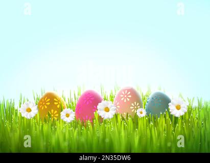 Row of Easter eggs in Fresh Green Grass. Stock Photo