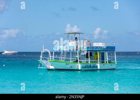 Glass Bottom Boat at Bayshore Beach, Carlisle Bay, Bridgetown, St Michael Parish, Barbados, Lesser Antilles, Caribbean Stock Photo