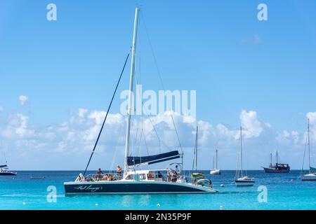 Cool Runnings catamaran boat cruise at Bayshore Beach, Carlisle Bay, Bridgetown, St Michael Parish, Barbados, Lesser Antilles, Caribbean Stock Photo