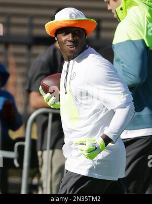 Pittsburgh Steelers Antonio Brown smiles from the bench while watching the  replay of his first quarter touchdown against the Indianapolis Colts at  Heinz Field in Pittsburgh on August 19, 2012. UPI/Archie Carpenter