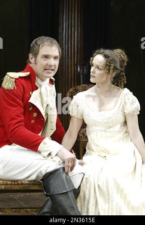 John Leslie (Mr Wickham), Emma Campbell-Jones (Elizabeth Bennet) in PRIDE AND PREJUDICE by Jane Austen at the  Yvonne Arnaud Theatre, Guildford, Surrey, England  16/09/2004  adapted & directed by Sue Pomeroy  design: Dennis Saunders  lighting: Steve Barnett  choreography: Claire Russ Stock Photo