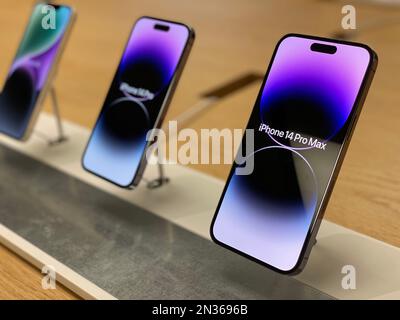 New iPhone 14 Pro Max sits on display at an Apple store. Stock Photo