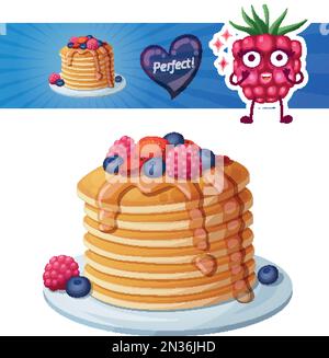 Pancakes with berries and honey icon. Cartoon vector illustration with raspberry character Stock Vector