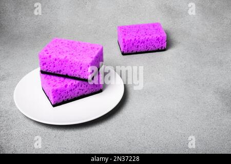 Lilac sponges for dishwashing on a white plate on a neutral gray background. Gentle dishwashing. House cleaning Stock Photo