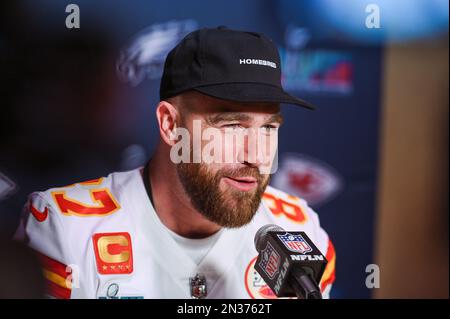 Phoenix, USA. 07th Feb, 2023. Kansas City Chiefs defensive end Carlos Dunlap  speaks to members of the media during the Kansas City Chiefs media  availability ahead of Super Bowl LVII at the