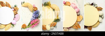 Collage of festive compositions for Novruz Bayram celebration on light background, top view Stock Photo