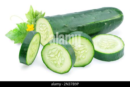 Slicing cucumber and cucumber slices isolated on white background. Stock Photo