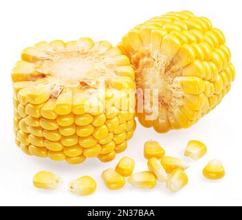 Pieces of maize cob or corn cob and corn seeds isolated on white background. Stock Photo