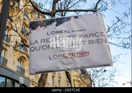 France. Paris (75) February 7, 2023. Third day of nationwide rallies and strikes against the pension reform project. Bill raises retirement age to 64 Stock Photo