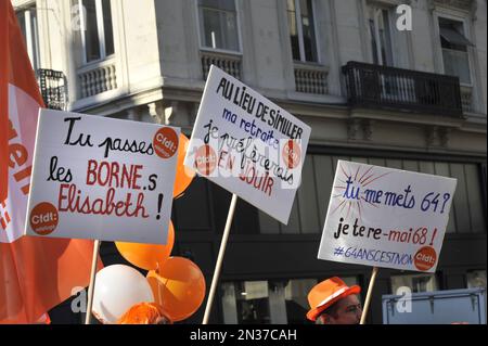 France. Paris (75) February 7, 2023. Third day of nationwide rallies and strikes against the pension reform project. Bill raises retirement age to 64 Stock Photo