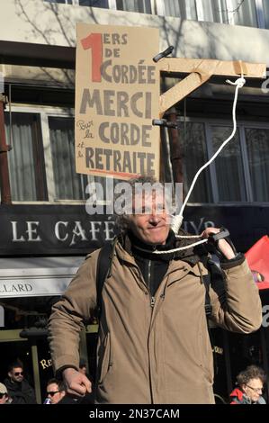 France. Paris (75) February 7, 2023. Third day of nationwide rallies and strikes against the pension reform project. Bill raises retirement age to 64 Stock Photo