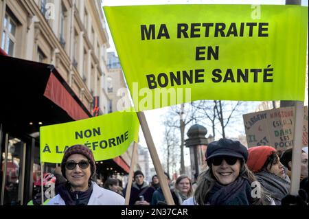 France. Paris (75) February 7, 2023. Third day of nationwide rallies and strikes against the pension reform project. Bill raises retirement age to 64 Stock Photo