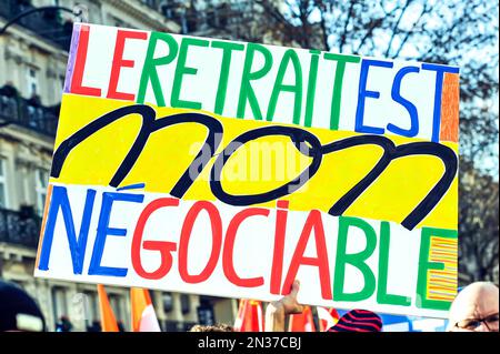 France. Paris (75) February 7, 2023. Third day of nationwide rallies and strikes against the pension reform project. Bill raises retirement age to 64 Stock Photo