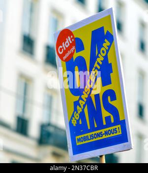 France. Paris (75) February 7, 2023. Third day of nationwide rallies and strikes against the pension reform project. Bill raises retirement age to 64 Stock Photo