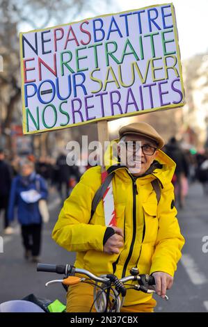 France. Paris (75) February 7, 2023. Third day of nationwide rallies and strikes against the pension reform project. Bill raises retirement age to 64 Stock Photo