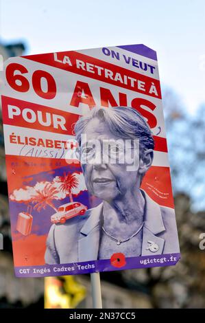 France. Paris (75) February 7, 2023. Third day of nationwide rallies and strikes against the pension reform project. Bill raises retirement age to 64 Stock Photo