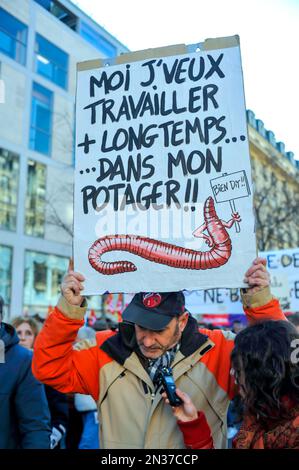 France. Paris (75) February 7, 2023. Third day of nationwide rallies and strikes against the pension reform project. Bill raises retirement age to 64 Stock Photo