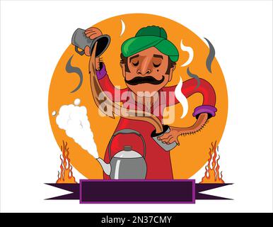 Chai wala cartoon character Indian, Pakistani street tea seller Stock Vector