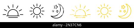 Time of the day signs. Rising and setting sun, crescent moon and stars, day and night time symbols. Vector illustration Stock Vector